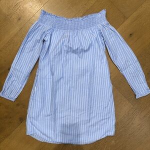 Express Women’s Linen Blend Light Blue and White Striped Off-Shoulder Dress